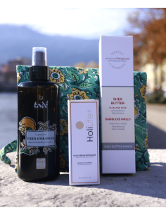 Un sérum botanique, une crème visage au karité, prune et rose et un hydrolat bio de fleur d’oranger